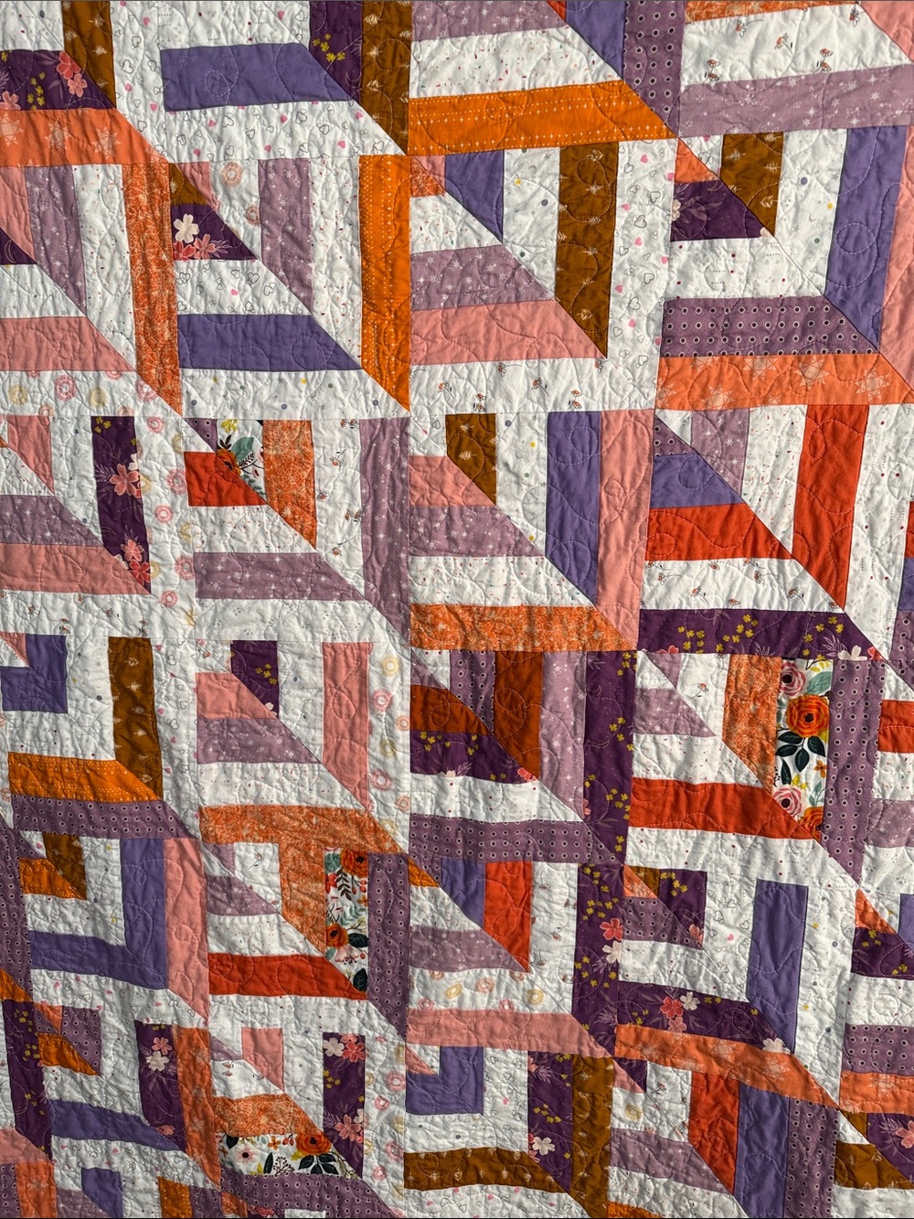 Handmade Patchwork Quilt in Purple, Orange, Pink, White